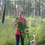 Man holding plants with dog in forest.